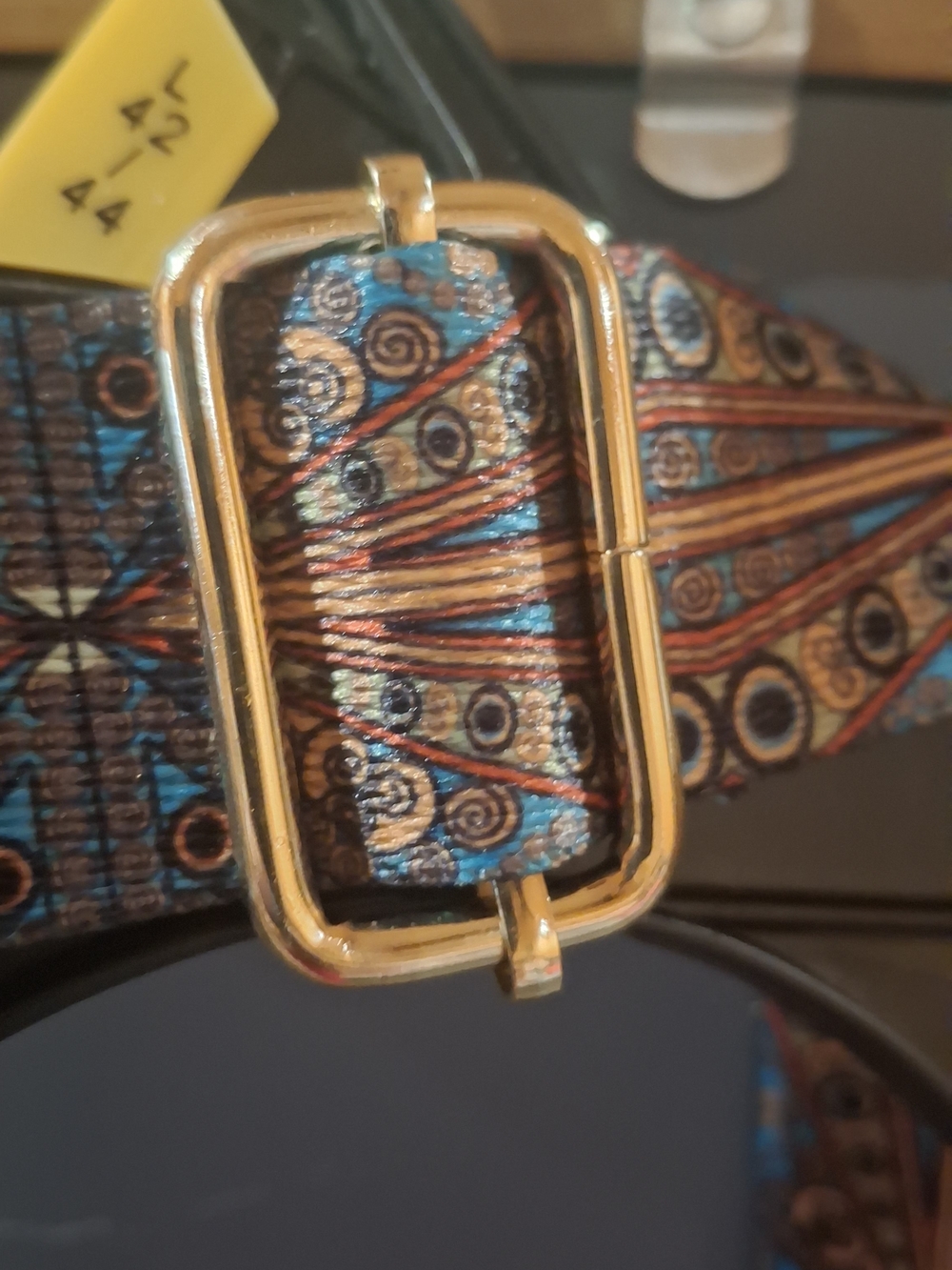 Brown Leather Crossbody with Patterned Blue Multi-Color Adjustable Strap - Picture 5 of 9
